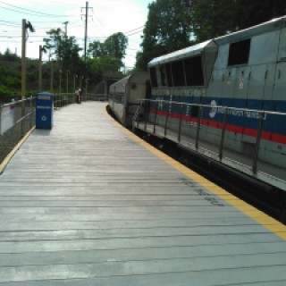 This is the platform that serves the Waterbury Branch at the Devon Transfer, a temporary station built along Metro-North's New Haven Line to allow customers to transfer to the Waterbury Branch while repair work takes place on the Devon Bridge. This station is located in the Devon section of Milford, Connecticut, between the Stratford and Milford stations on the New Haven Line. The temporary station opened 4 May 2015; the repair work is expected to take six months.