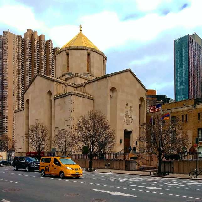 St. Vartan Armenian Cathedral in East Midtown, Manhattan. Though it was completed in 1968 with modern materials and architecture, the cathedral was modeled on a seventh-century church in Armenia.